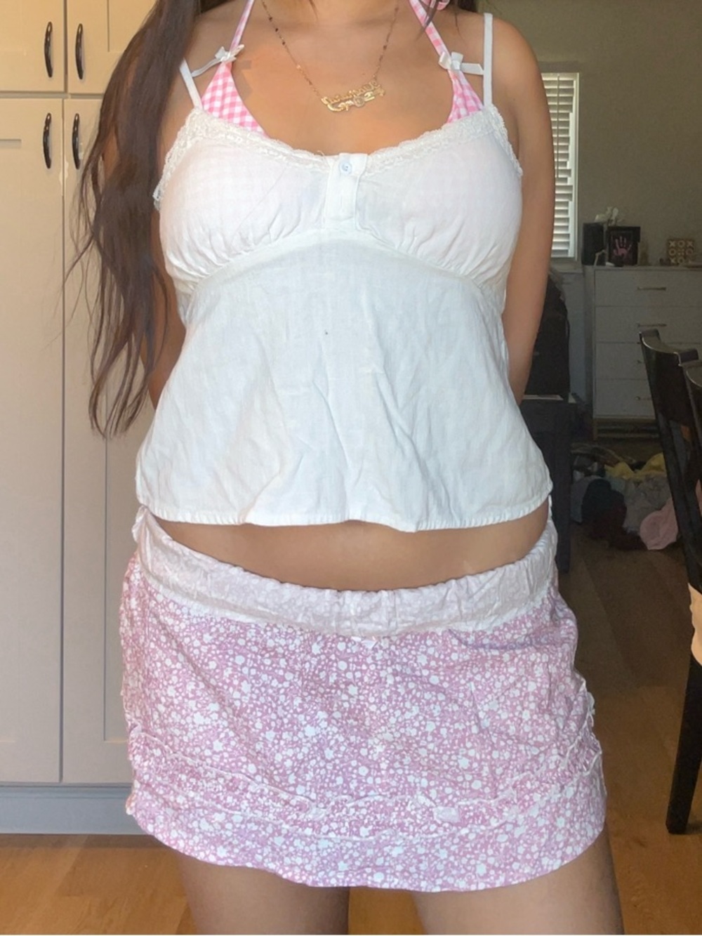 Pink Floral Elastic-Waist Mini Skirt